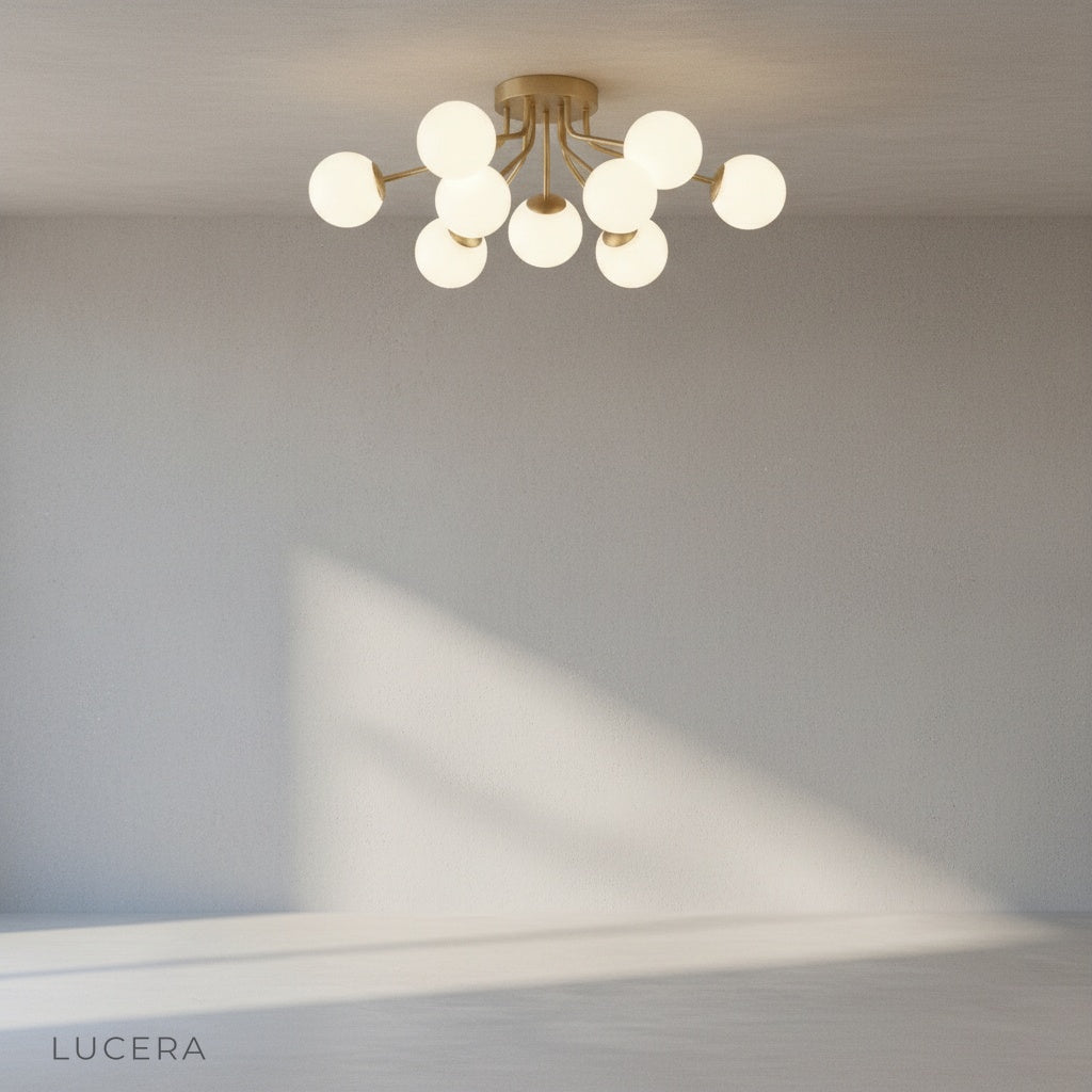Crypt ceiling light glowing at dusk in a stylish entryway with neutral walls