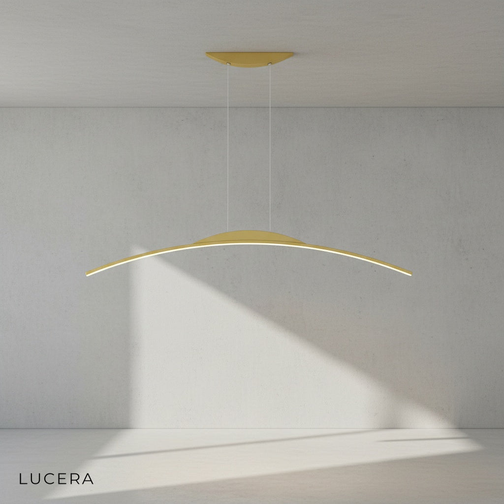 Minimalist black chandelier in a hallway with soft ambient lighting