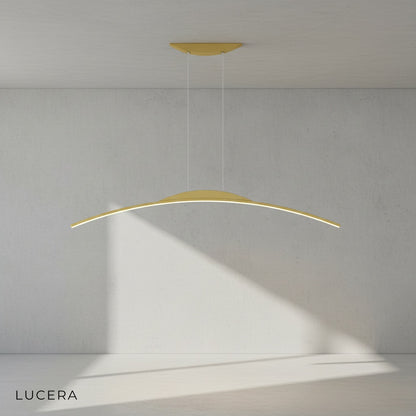 Minimalist black chandelier in a hallway with soft ambient lighting