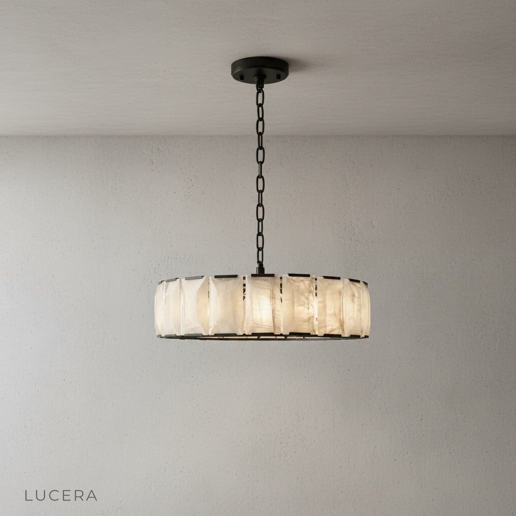 Vivid Round Alabaster Chandelier above a round marble table in a cozy living room setting