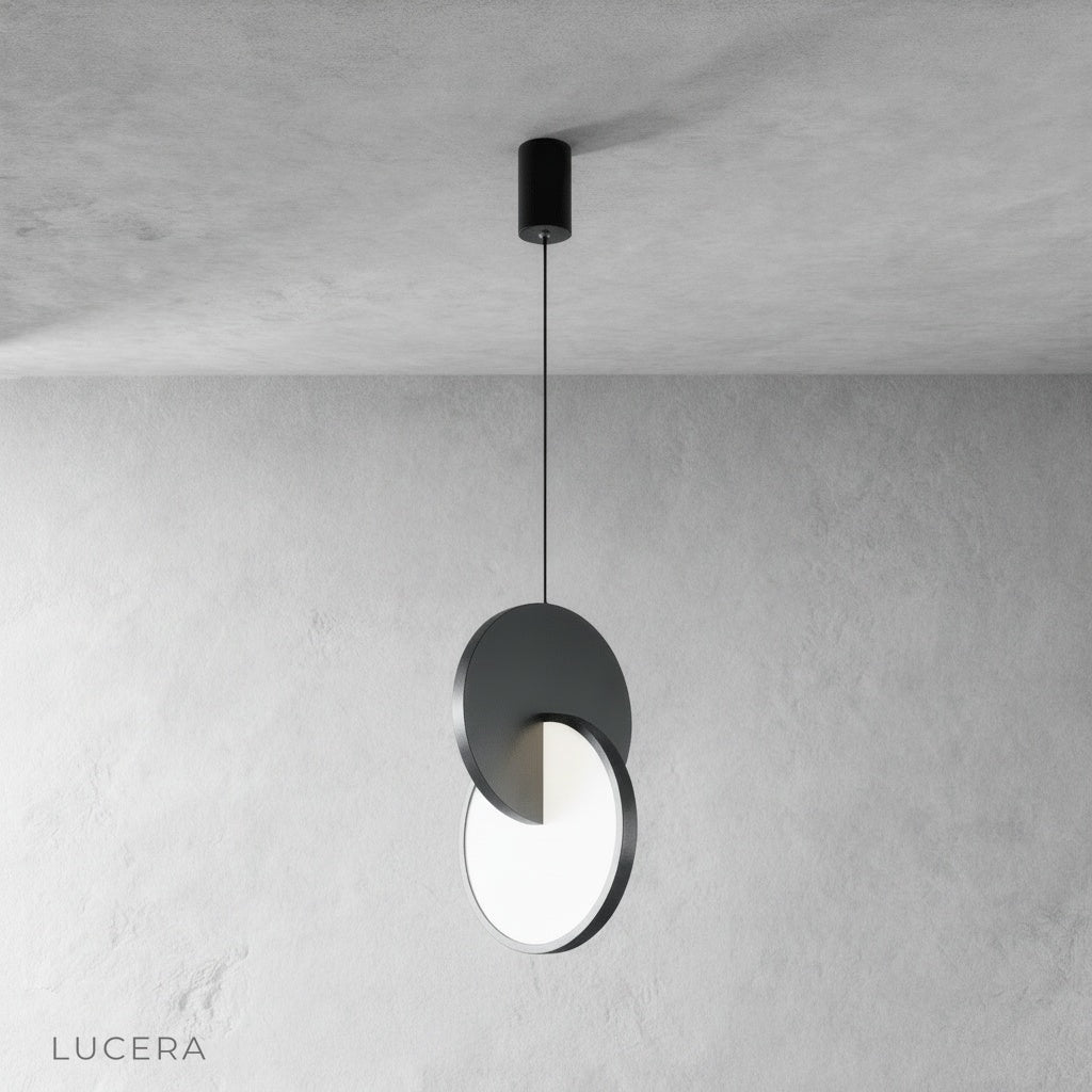 bedroom bedside pendant light with warm light casting geometric shadows on textured wall