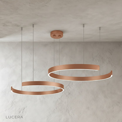 overhead view of circular LED chandelier in open-concept kitchen