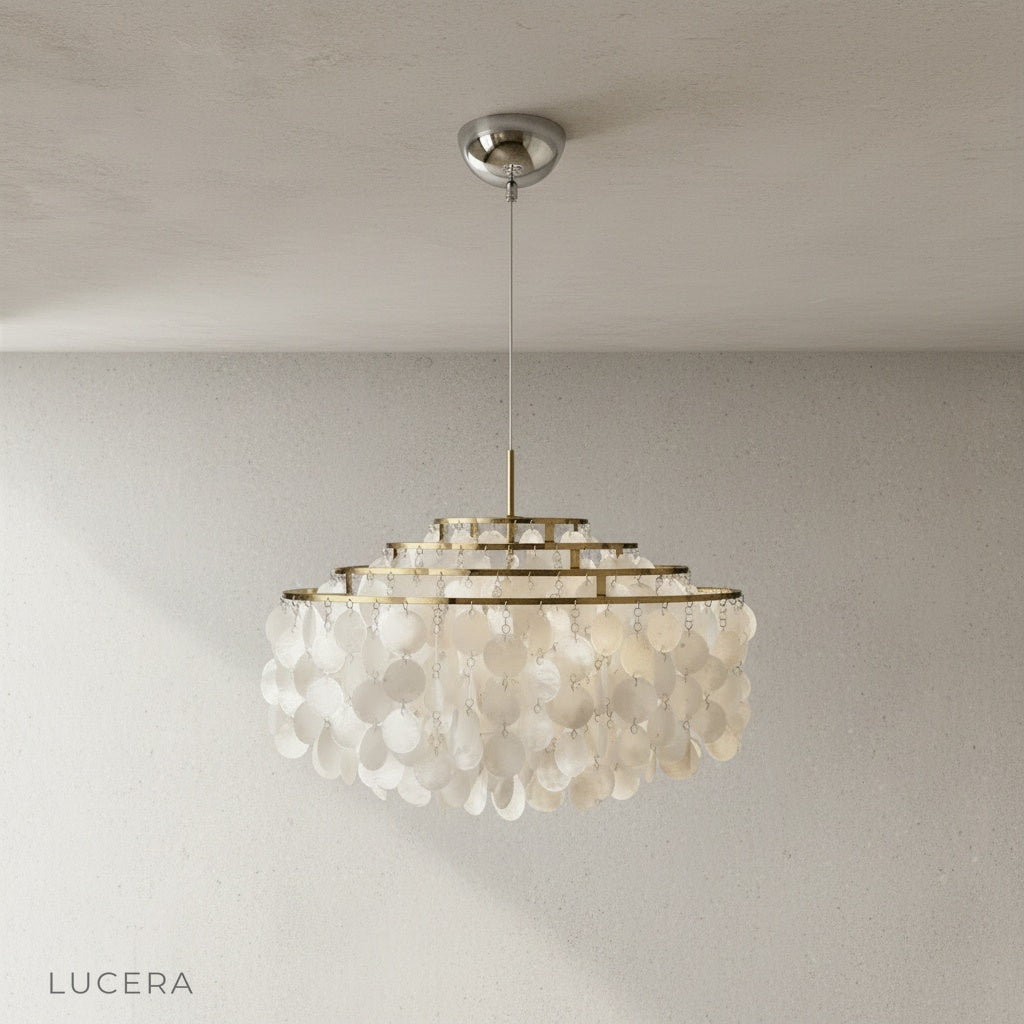 Zwing Chandelier as ceiling fixture in a minimalist bedroom with linen bedding and soft morning light