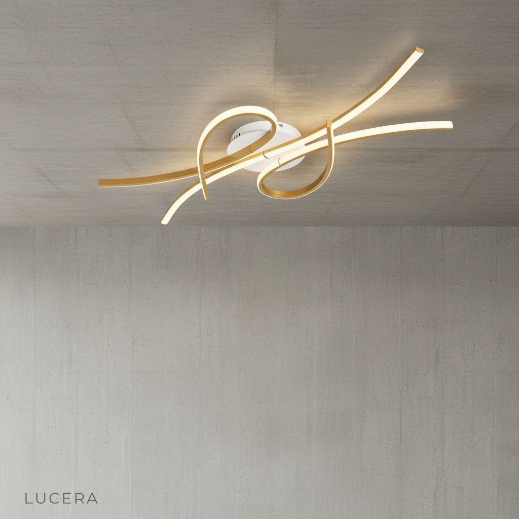 artistic ceiling lamp with intertwined bars in dark moody room at night