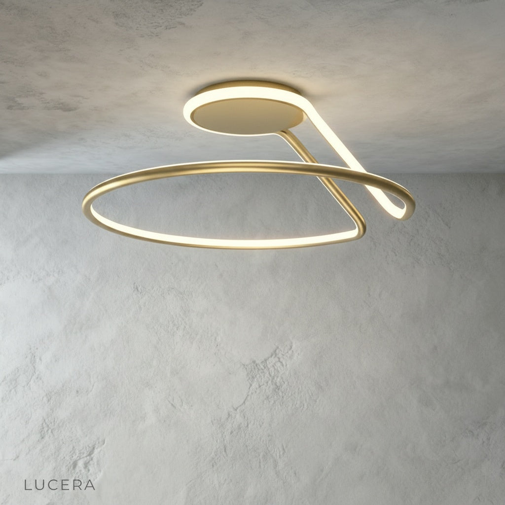 Loom ceiling light casting elegant shadows on neutral wall