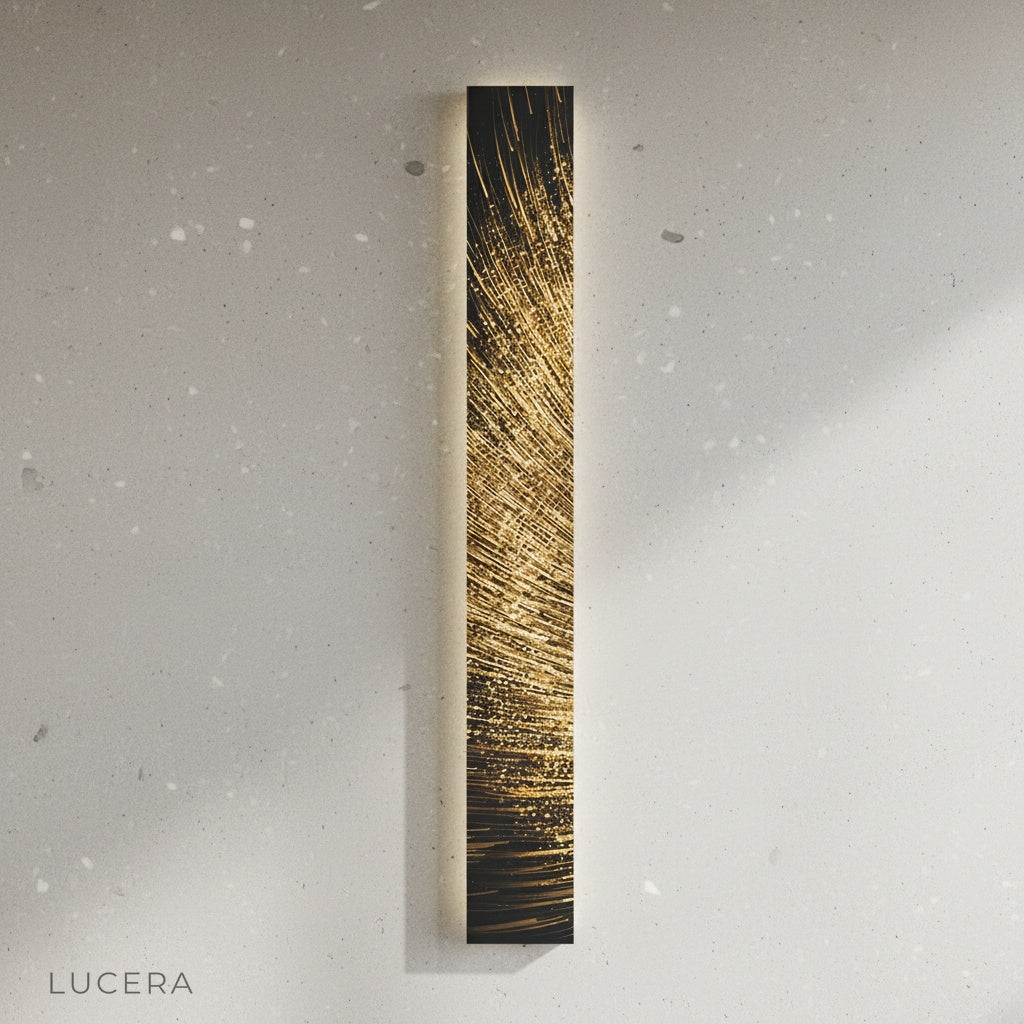 Vela Steel Illuminated Art glowing at dusk in a bedroom, serene atmosphere