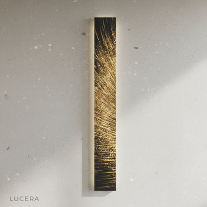 Vela Steel Illuminated Art glowing at dusk in a bedroom, serene atmosphere