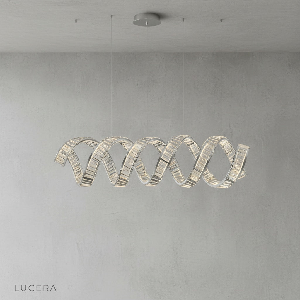 Adjustable height Davy's chandelier in minimalist bedroom with soft LED illumination