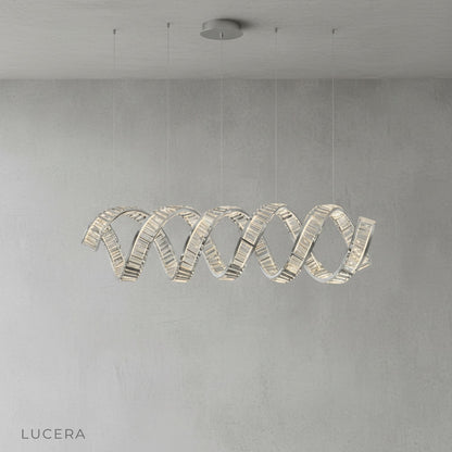 Adjustable height Davy's chandelier in minimalist bedroom with soft LED illumination