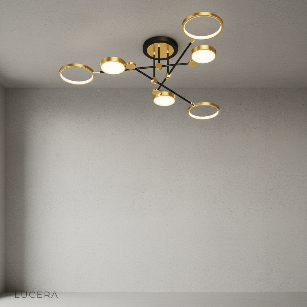 Black yin-yang ceiling light in cozy reading nook with warm light and wooden furniture