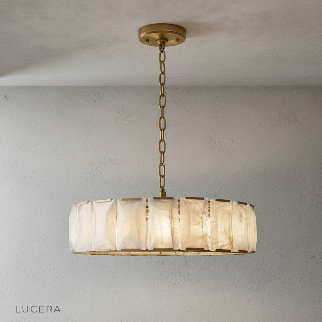 Close-up of alabaster panel edge and metal ring on Vivid Round Chandelier