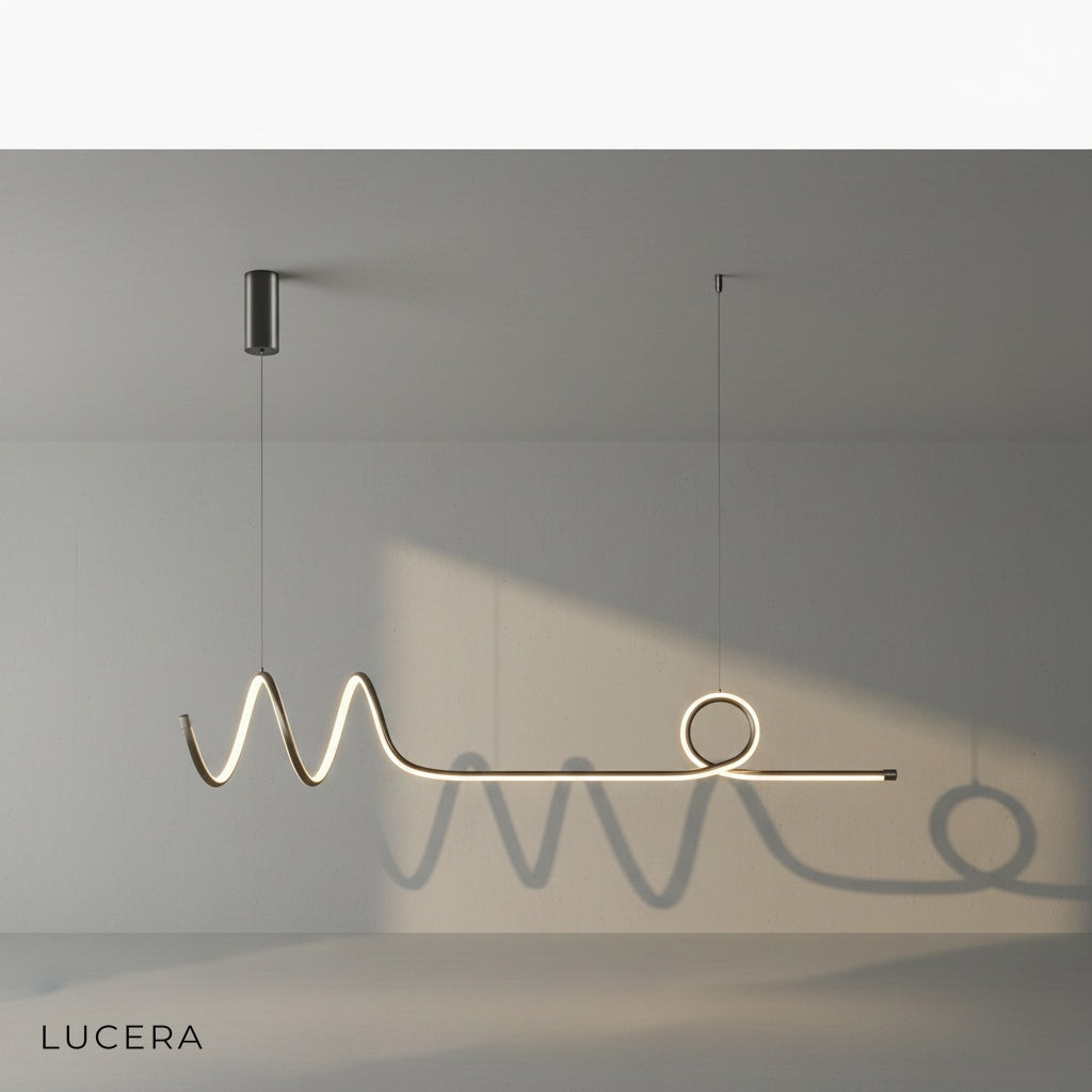 Eira Nordic pendant lamp with long strip, soft glow, above a bedside table in a hotel-style room