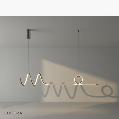 Eira Nordic pendant lamp with long strip, soft glow, above a bedside table in a hotel-style room