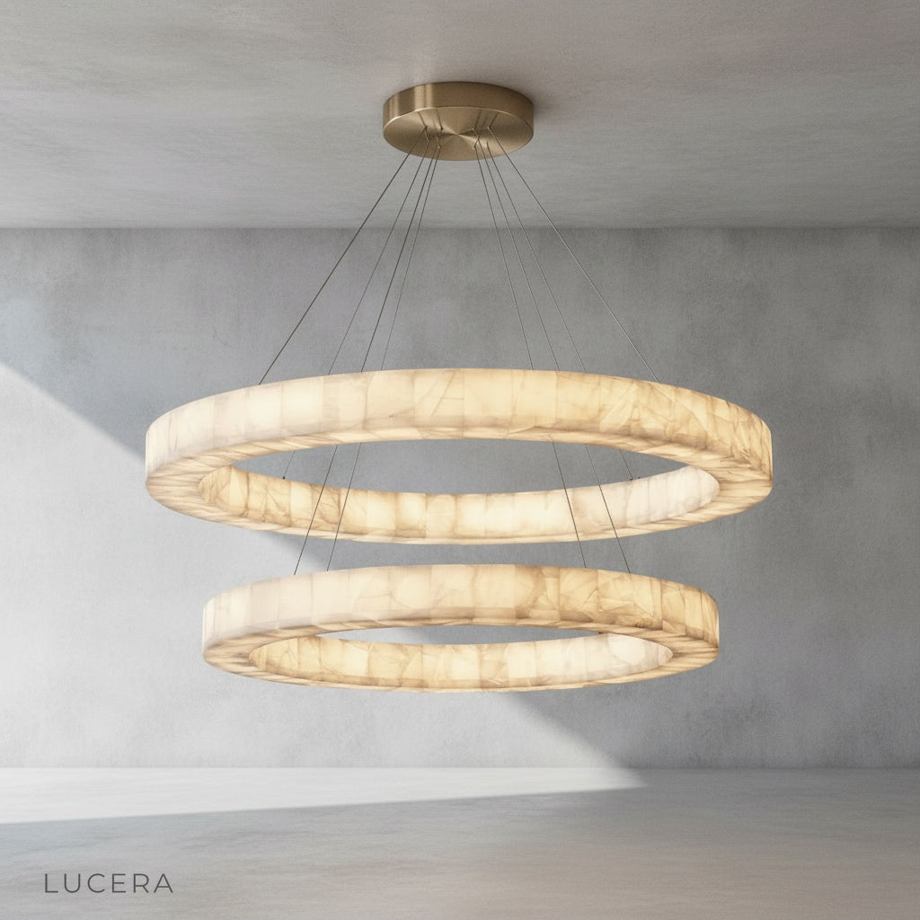 Side profile of the Bamboo Round Alabaster Chandelier, emphasizing its slim steel frame and floating stone discs