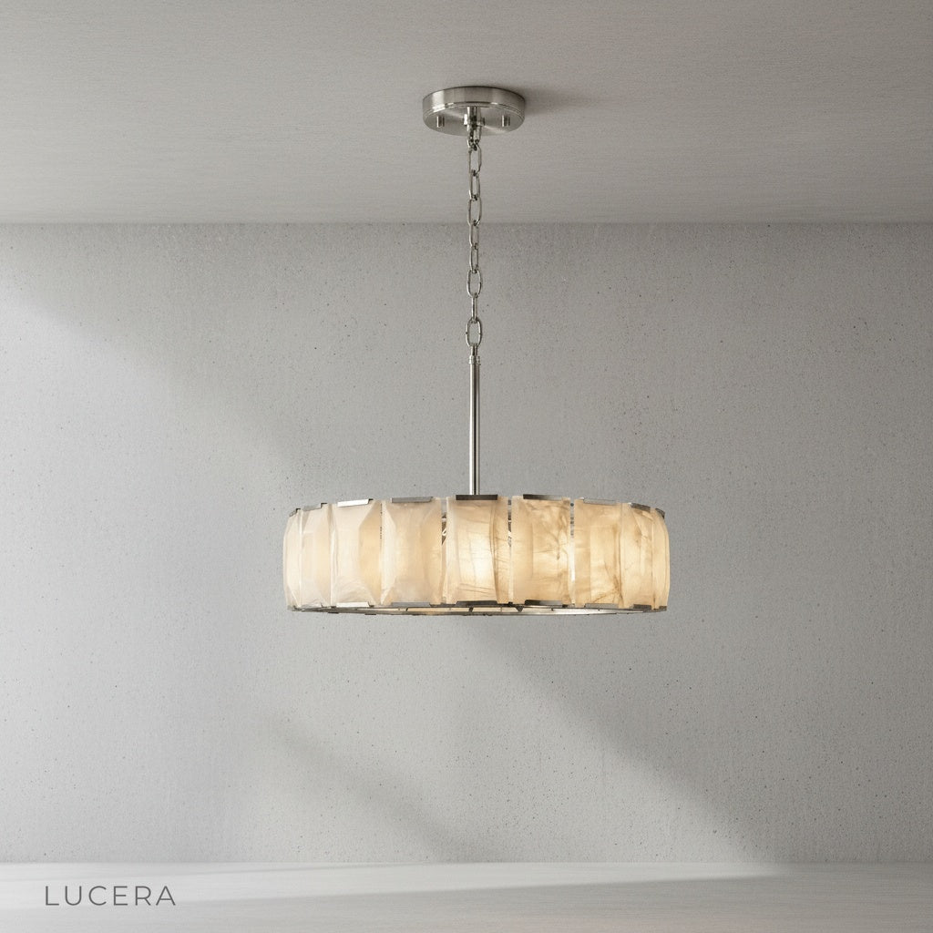 Vivid Round Alabaster Chandelier in a minimalist bedroom with linen bedding and soft daylight