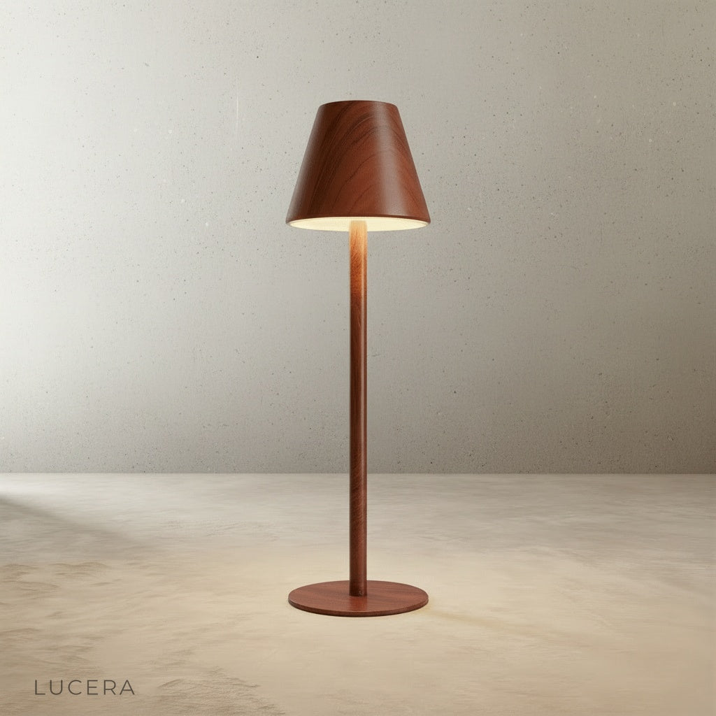 yellow table lamp on minimalist desk with notebook and pen, bright daylight