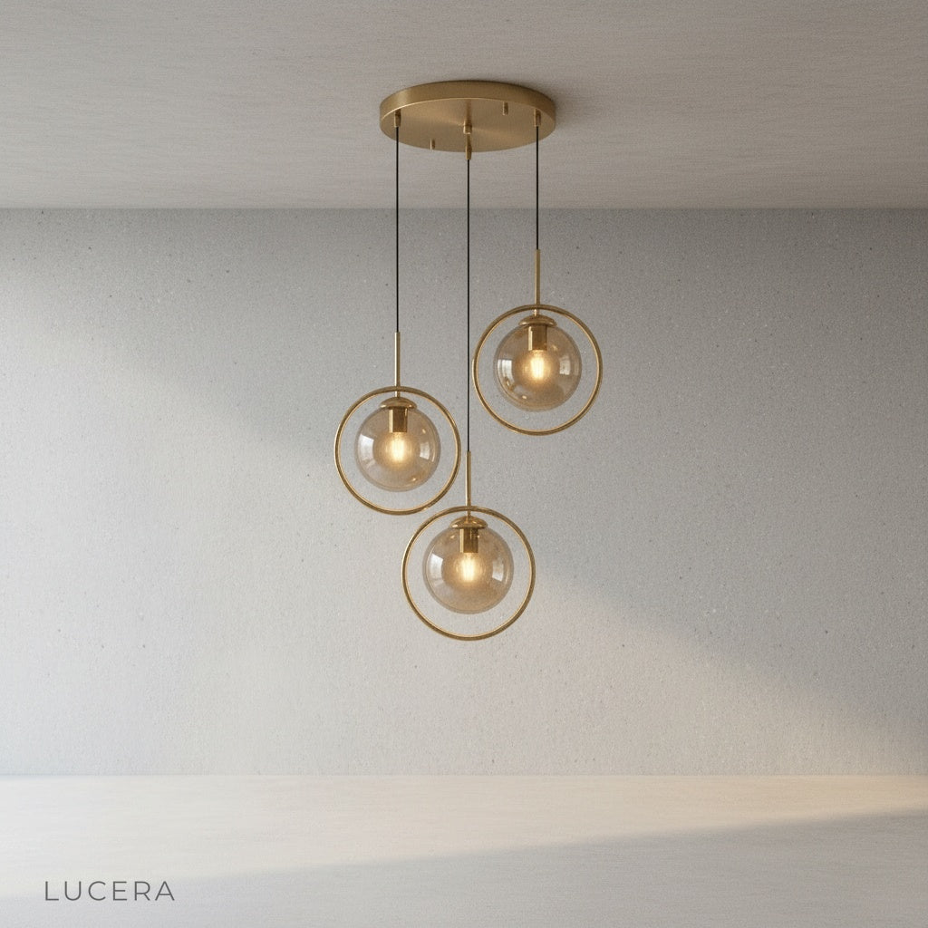 Caelus pendant light glowing at dusk in a stylish cafe-style dining space