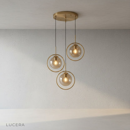 Caelus pendant light glowing at dusk in a stylish cafe-style dining space