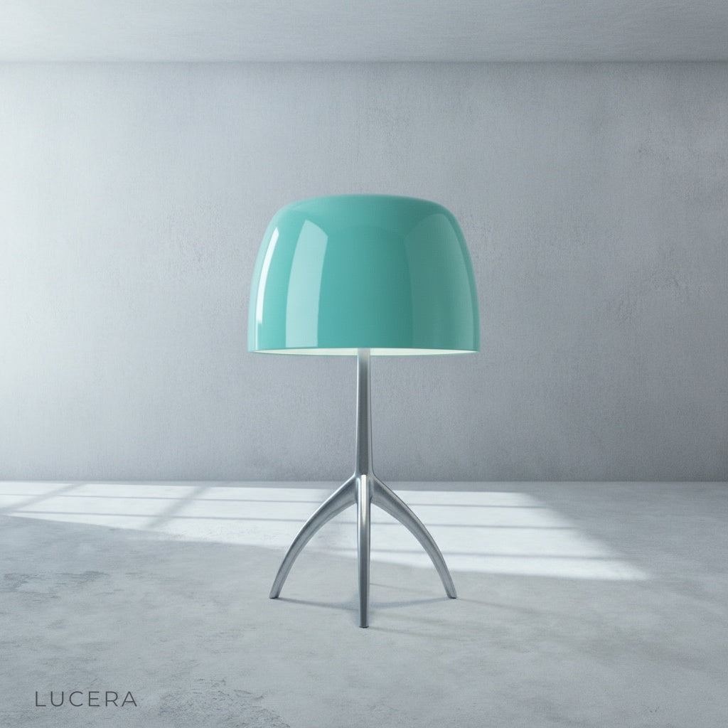 Albescent Table Lamp on a marble entryway table with a decorative tray and small plant