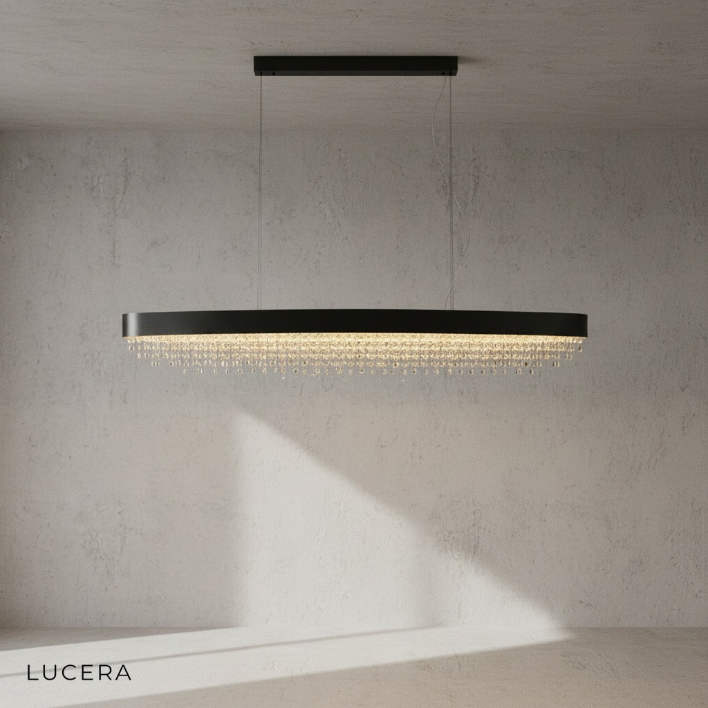 Ulf rectangular chandelier in minimalist hallway with neutral tones