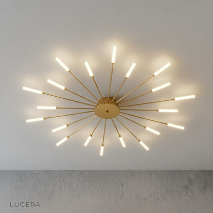 Karma chandelier in modern hallway with white walls and subtle shadow play at dusk