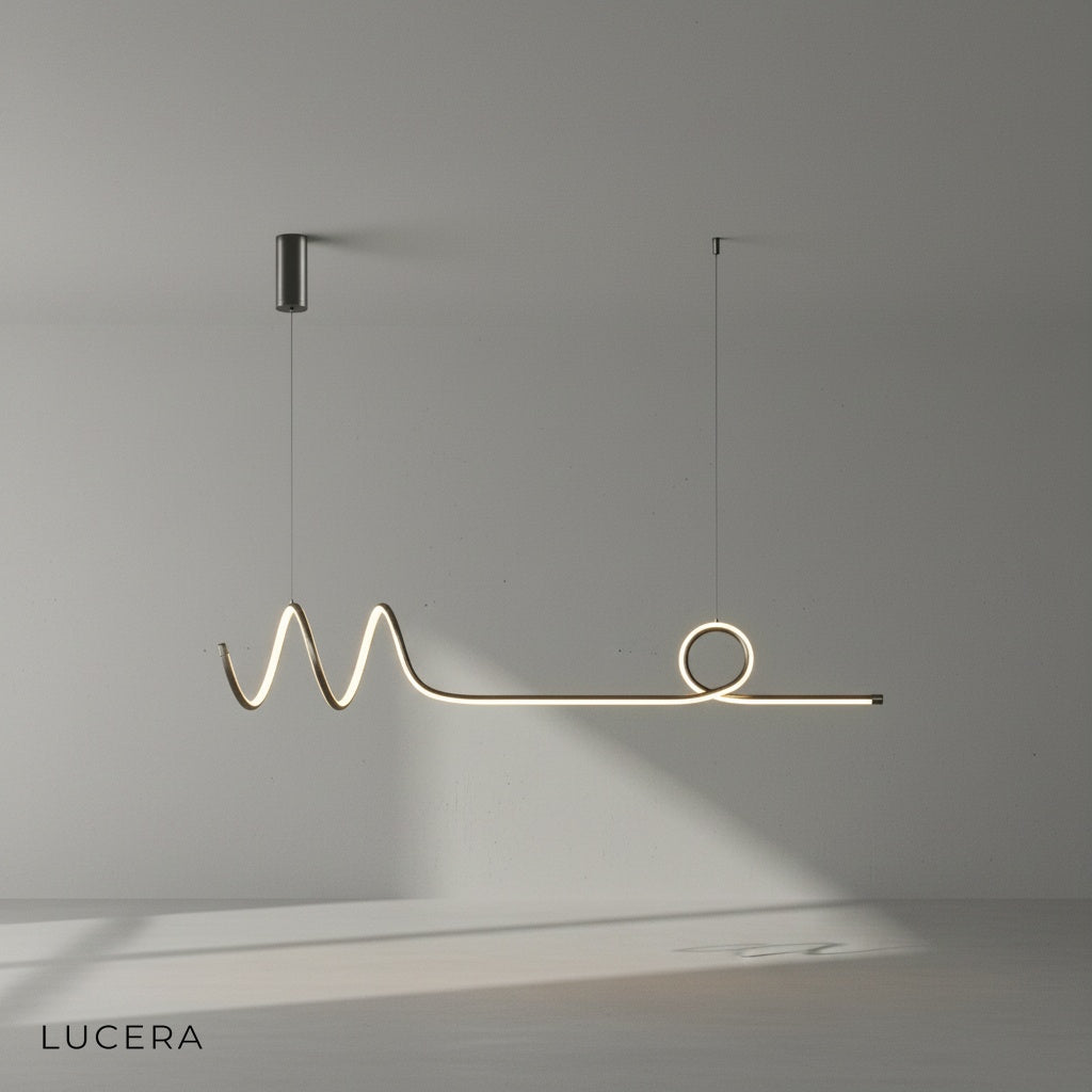 Eira Nordic pendant lamp with long strip, iron and aluminum texture, in a loft with exposed brick