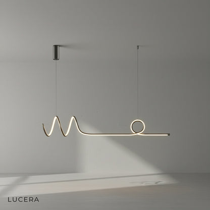 Eira Nordic pendant lamp with long strip, iron and aluminum texture, in a loft with exposed brick