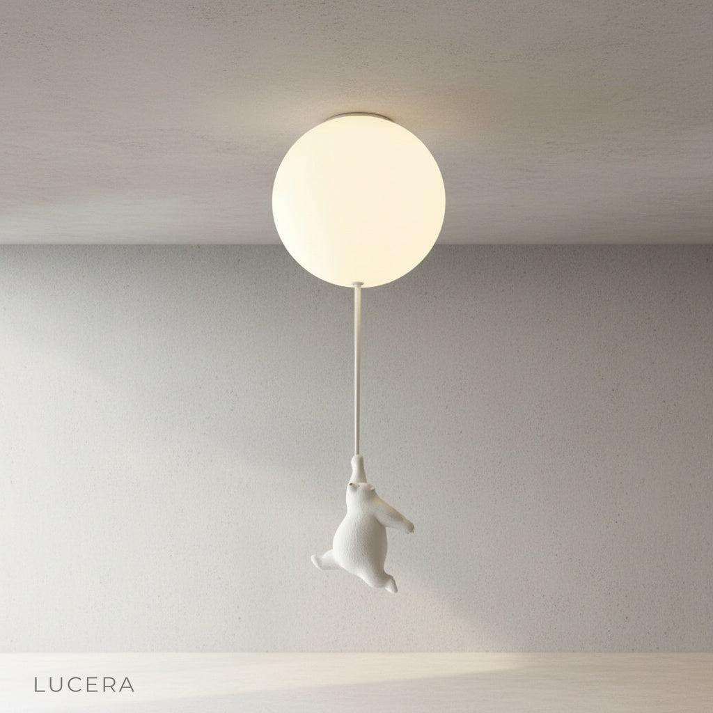 bear balloon ceiling light illuminating evening bedroom scene