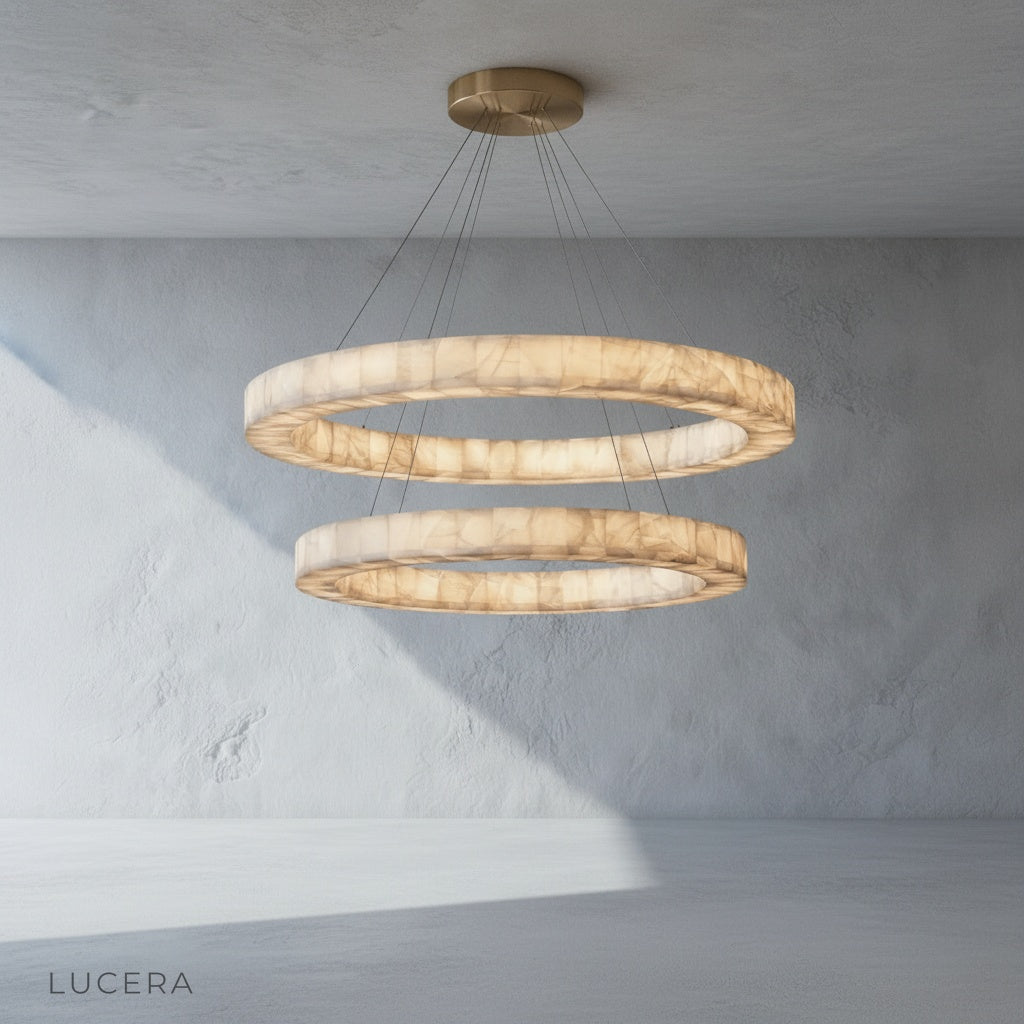 Bamboo Round Alabaster Chandelier in a chic hotel lobby, paired with warm brass accents and plants