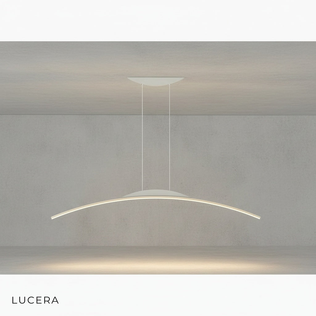 Edda chandelier with warm glow in a dimly lit evening living room scene