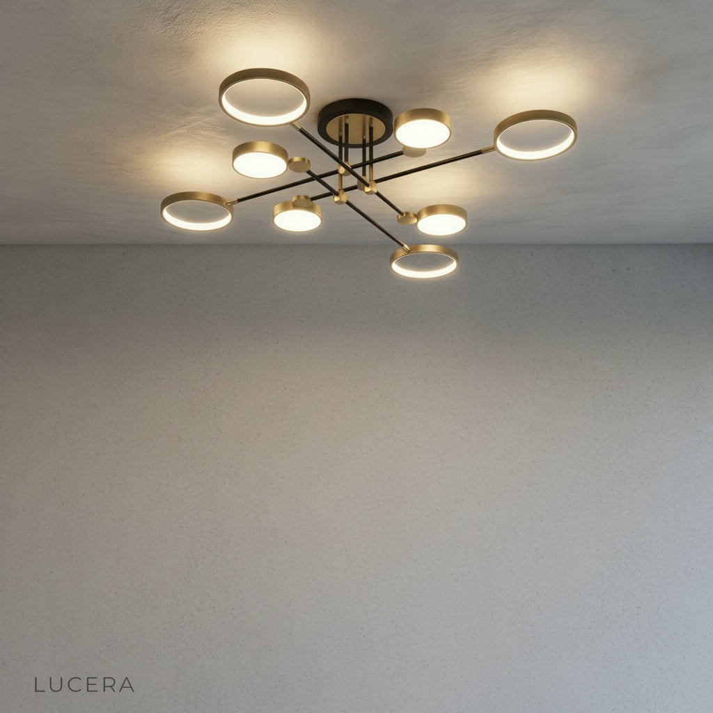 Nighttime lifestyle shot of yin-yang ceiling light glowing softly in minimalist living space