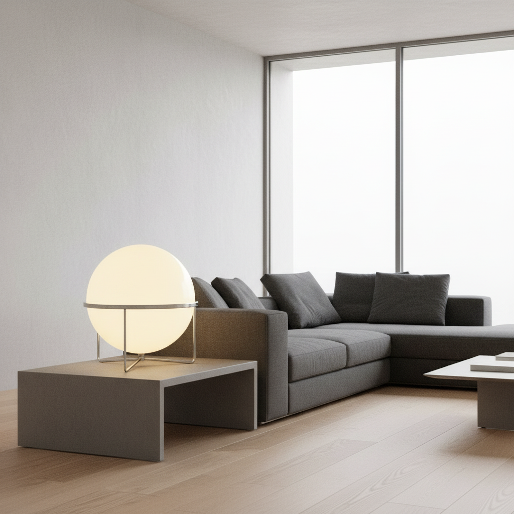 modern Nankin floor lamp in minimalist living room with neutral sofa and warm natural light
