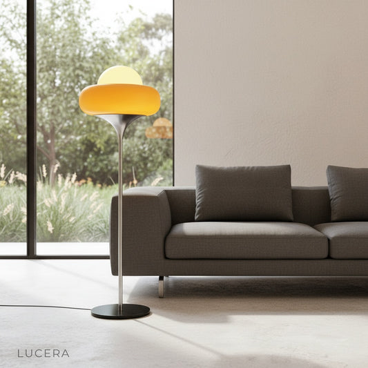Black Crostata floor lamp with vintage glass shade in mid-century modern living room
