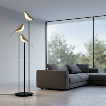 Edmund Floor Lamp by Lucera glowing in modern living room with acrylic shade and zinc alloy body