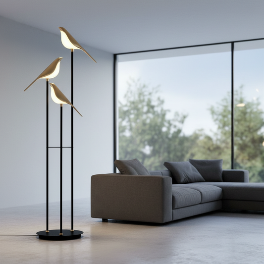 Edmund Floor Lamp by Lucera glowing in modern living room with acrylic shade and zinc alloy body