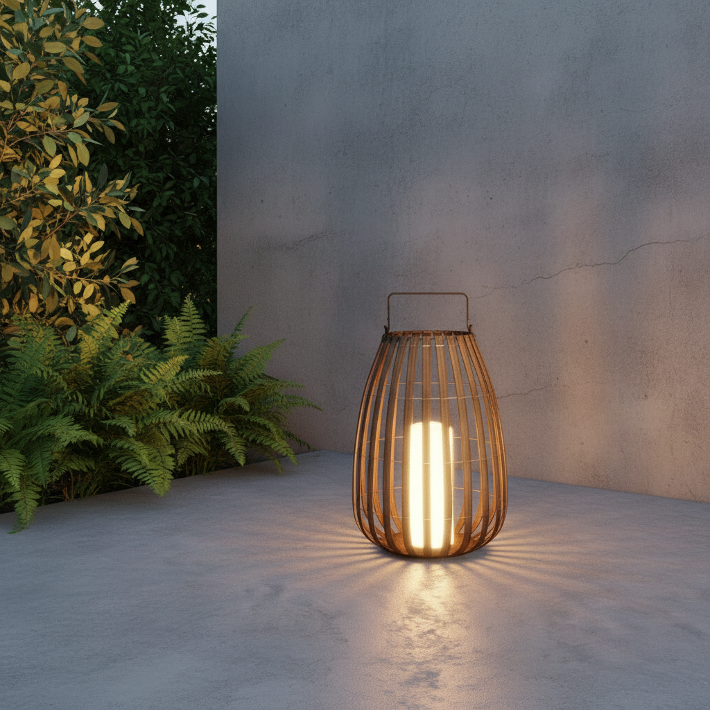 Variation Outdoor Garden Lamp rattan glow on patio at dusk