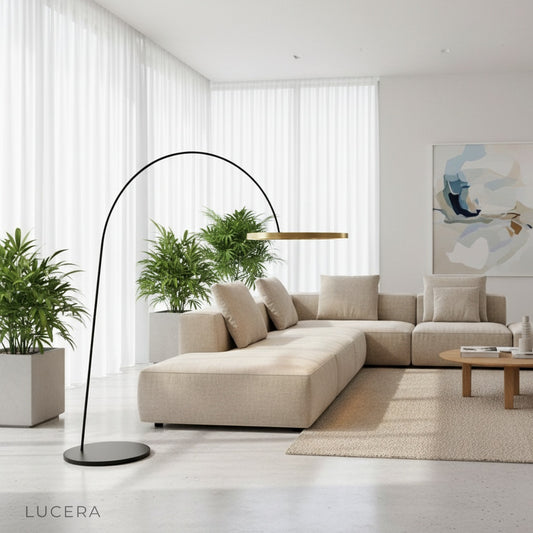 modern Unison floor lamp with curved acrylic arm in bright living room