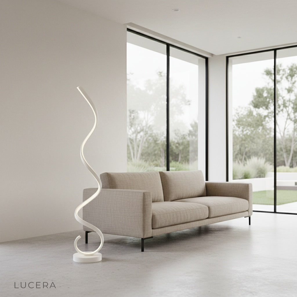 Pulse Floor Lamp sculptural spiral LED light illuminating modern living room