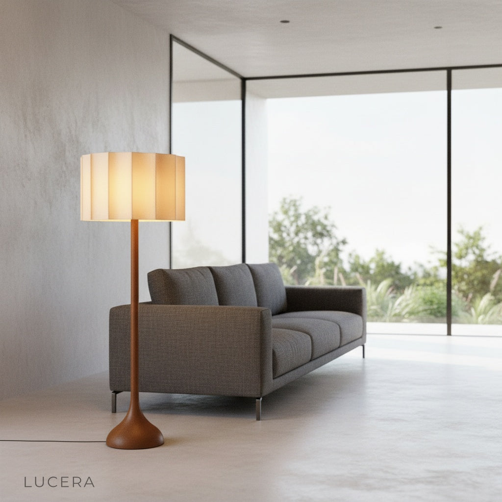 Alchemy Floor Lamp with wooden base and cloth shade in modern living room