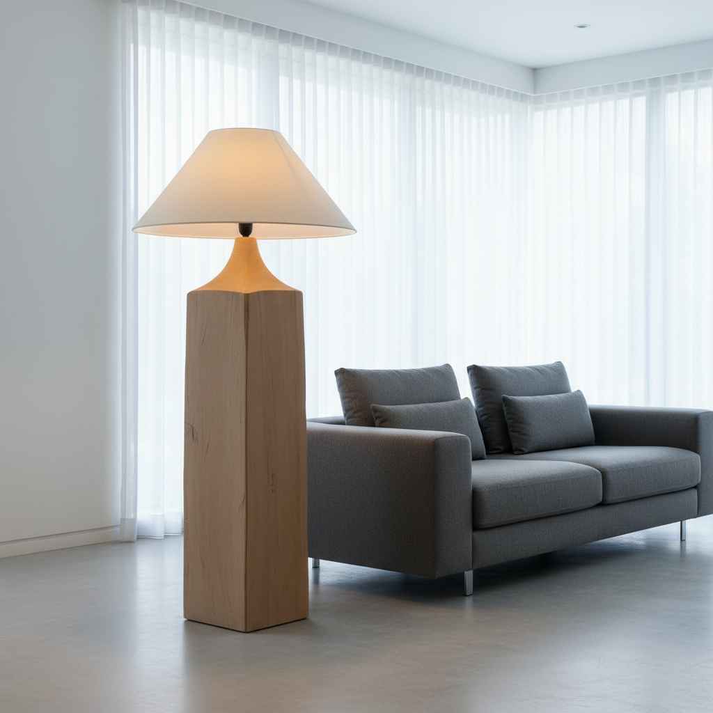 Dusky Floor Lamp with linen shade beside a rustic wooden armchair in a cozy living room