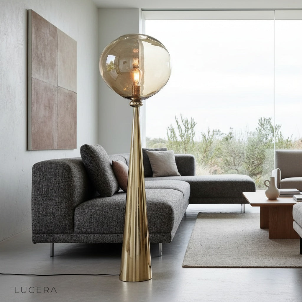 Bastion floor lamp with acrylic shade glowing in modern living room