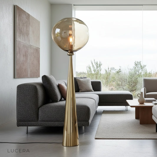 Bastion floor lamp with acrylic shade glowing in modern living room