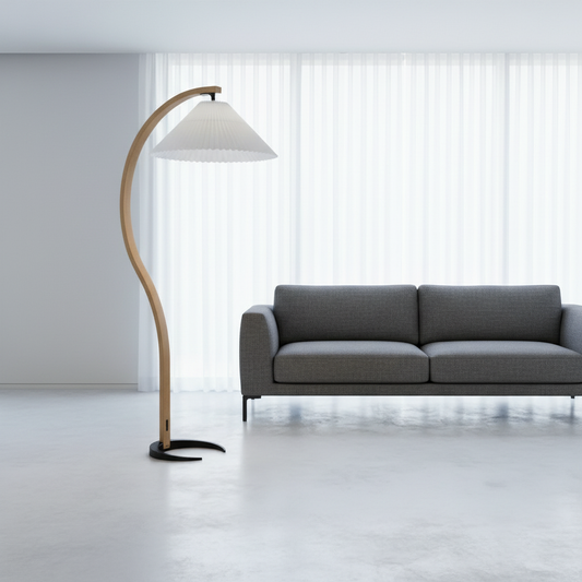 Yorick Floor Lamp with beechwood S-curve and pleated shade in modern living room