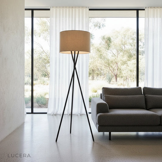 Venus Floor Lamp illuminating a modern living room with warm ambient light
