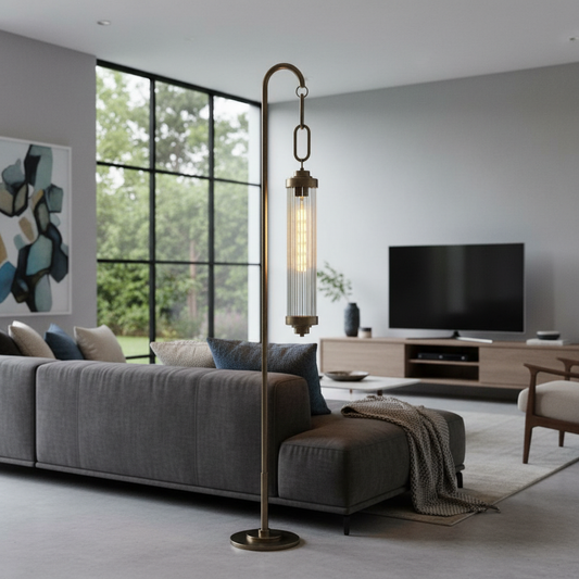 Sacrament Floor Lamp brass arc with ribbed glass cylinder in modern living room