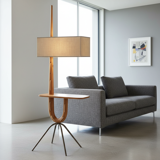 Uva floor lamp with wooden side table in modern living room, warm fabric shade glowing