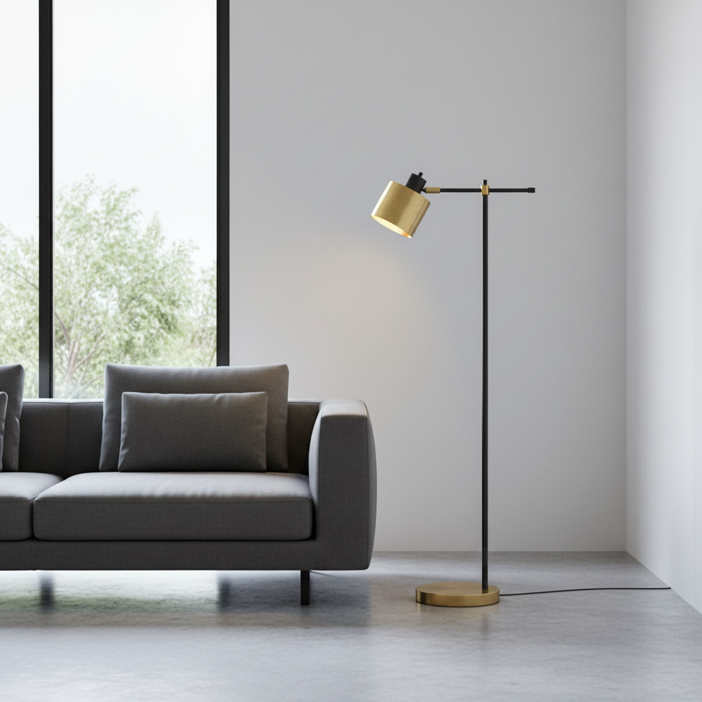 Lume Floor Lamp with adjustable shade illuminating a modern living room