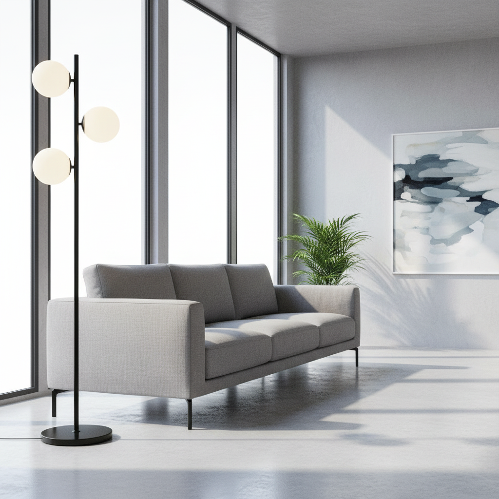 Vaporous Floor Lamp glowing beside a modern sofa in a cozy living room
