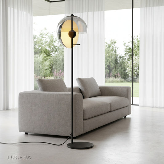 Oubliette Floor Lamp illuminating modern living room with sculptural dual shades