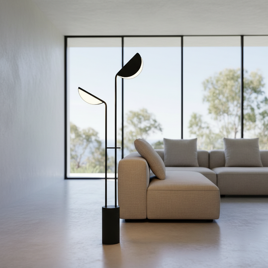 Xanthic Floor Lamp dual-head iron design illuminating modern living room with marble-textured base